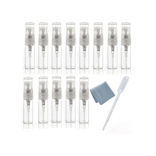 Elfenstal- 25pcs Mini Clear 3ml Fine mist Atomizer Glass bottle Spray Refillable Perfume Empty Bottle Glass Clean Cloth for Travel Party Portable Makeup Tool