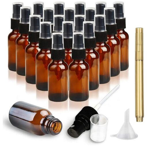 Ruckae Set of 20,1 oz Amber Glass Spray Bottles for Essential Oils, Hair, Water, Empty Small Fine Mist and Refillable Mister-With Funnel and Gold Pen, Black Fine Mist Sprayers