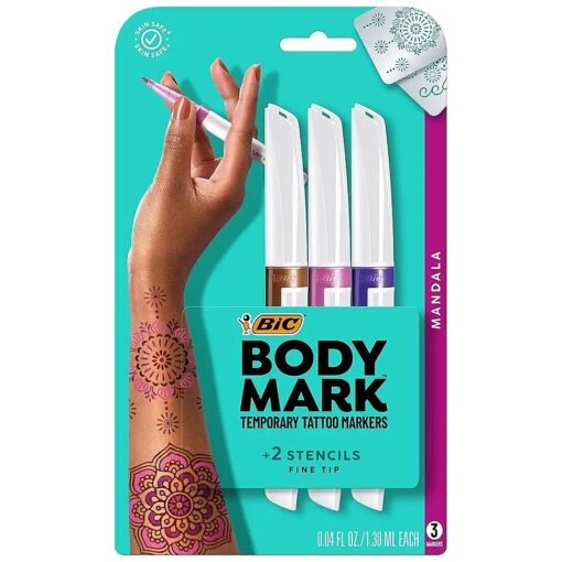 BIC BodyMark Temporary Tattoo Marker with Fine Tip, Mandala, Assorted Colors, Pack of 3 Markers + 2 Stencils