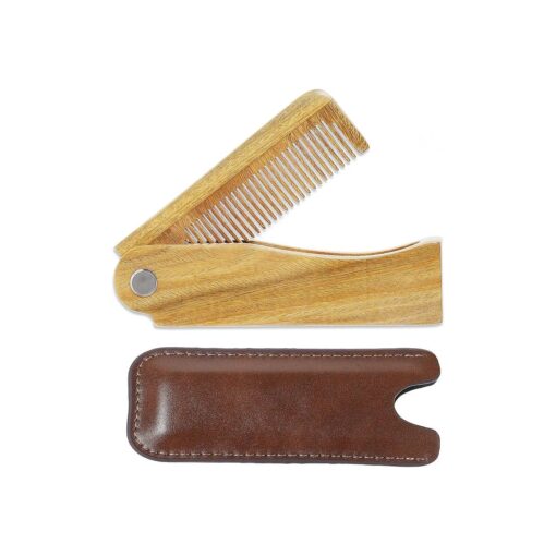 Onedor Handmade 100 % Natural Green Sandalwood Fine Tooth Wooden Comb for Men Hair, Beard, and Mustache Styling Pocket Comb With Leather Case ( Folding )