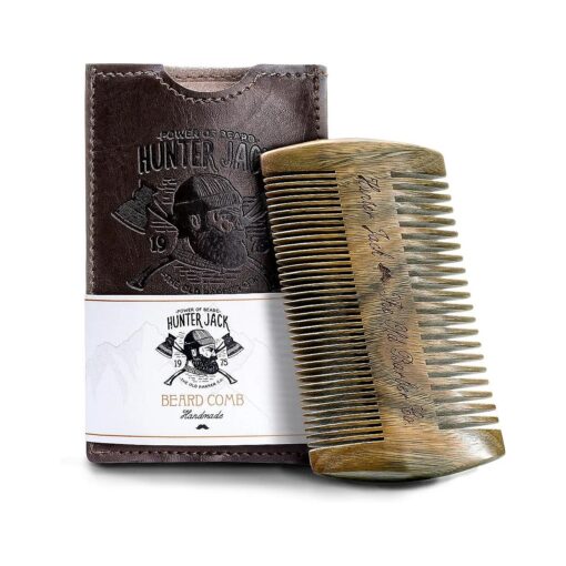 Sandalwood Beard Comb for Men - Handmade Beard & Mustache Comb - Premium Wooden Comb - Mens Comb with Fine & Wide Tooth - Pocket Combs for Men - Wood Comb in PU Leather Case by Hunter Jack