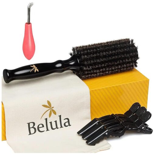 Belula 100 % Soft Boar Bristle Round Brush for Blow Drying Set, Round Hair Brush With Medium 2.1" Wooden Barrel, Hairbrush Ideal to Add Volume and Body, Free 3 x Hair Clips & Travel Bag .