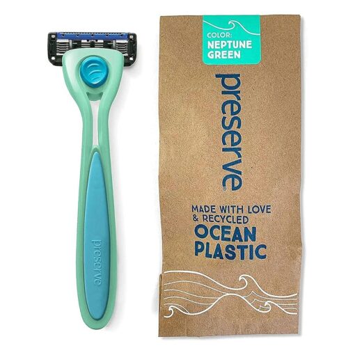 Preserve POPi Shave 5 Razor System Made with Recycled Ocean Plastic and 5-blade cartridge, Neptune Green