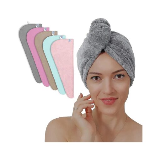 5 Pack Thicken Microfiber Hair Towel Wrap for Women - Elastic Loop Design - 320GSM Coral Velvet - Quick Dry Hair Turban - 11x28 Inch ( Grey+Pink+Brown+FrozenBlue+FrozenBerry )