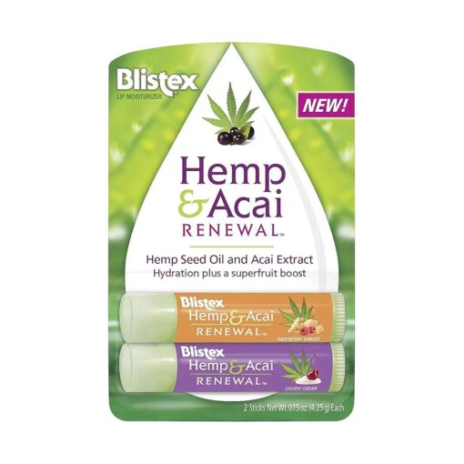 Blistex Hemp & Acai Renewal Lip Balm, 0.30 Ounce, 2 Count aEUR" Raspberry Ginger & Cherry Cream, Moisturizing Lip Balm, Super Fruit Benefits, Nourishes & Conditions Lips