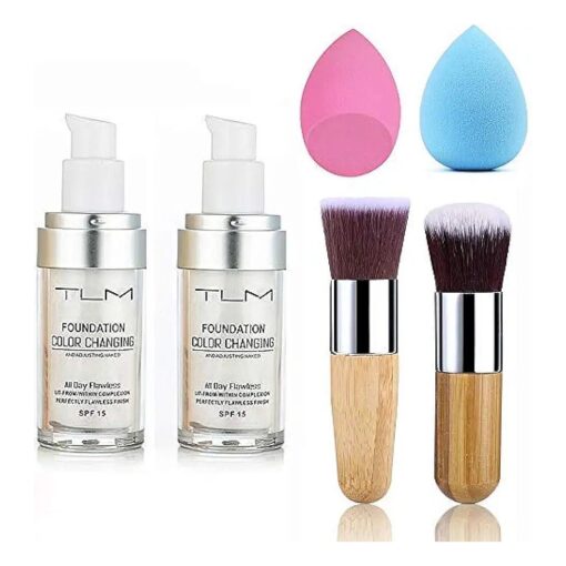 2pcs TLM Color Changing Foundation Liquid with 2 Brushes and 2 Cosmetics Sponge Flawless Full Coverage Natural Color Face Primer Base Makeup 30ml