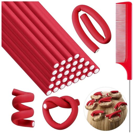 30 Pieces Flexible Curling Rods Twist Foam Hair Rollers Soft Foam No Heat Hair Rods Rollers and 1 Steel Pintail Comb Rat Tail Comb for Women Girls Long and Short Hair ( Red, 7 x 0.3 Inch )