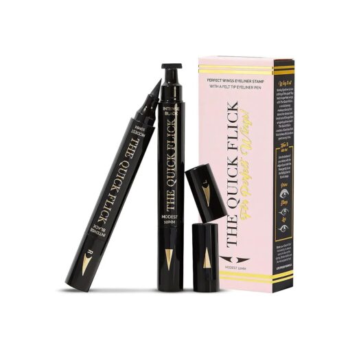 The Quick Flick - Wings Eyeliner Stamp, Felt-Tip Liquid Eyeliner, Water-and-Smudge-Proof Cat Eyeliner, Intense Black Liquid Eyeliner Pen, To The Point 10mm ( 2mm Thickest ) Winged Eyeliner Stamp, 2 Pens