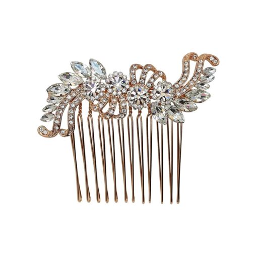 Faship Gorgeous Clear Rhinestone Crystal Rose Gold Plated Floral Hair Comb