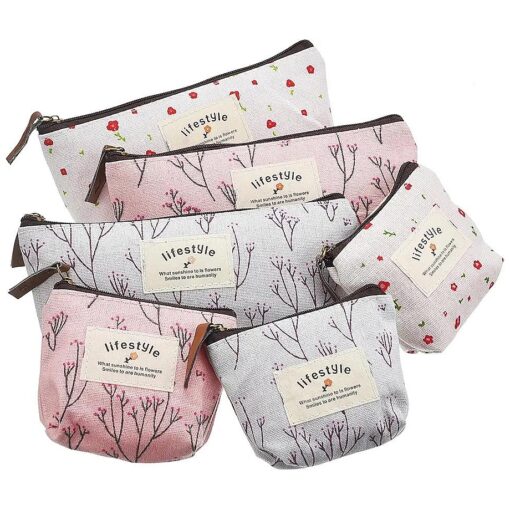 TecUnite Pack of 6 Pencil Case Countryside Flower Cosmetic Makeup Bag Cute Floral Canvas Zipper Pencil Pen Cases Multifunctional Fabric Cosmetic Makeup Bag Coin Bag