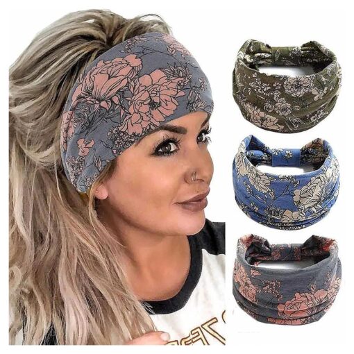 Aceorna Boho Bandeau Headbands Wide Knot Hair Scarf Floral Printed Hair Band Elastic Turban Thick Head Wrap Stretch Fabric Cotton Fashion Hair Accessories for Women Pack of 3 ( Boho )