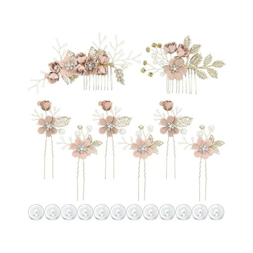 inSowni 20 Pack White Dusty Pink Blue Flower Bridal Wedding Hair Side Combs+Flower Hair Pins+Twist Spiral Pearl Hair Pins Floral Hair Pieces Headpieces Accessories for Brides Bridesmaids Women Girls