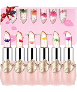 Crystal Jelly Flower Lipstick - Moisturizer Clear Lip Gloss Balm Color Changing with Temperature Mood Lipstick include Benefit Vitamin - Pack of 6 ( Pink )