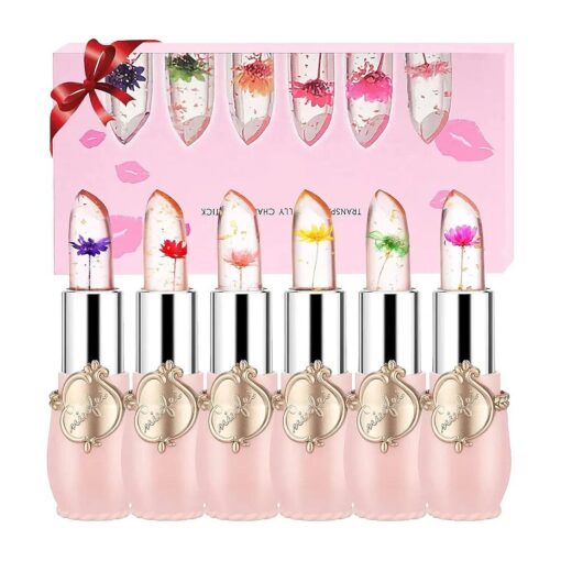 Crystal Jelly Flower Lipstick - Moisturizer Clear Lip Gloss Balm Color Changing with Temperature Mood Lipstick include Benefit Vitamin - Pack of 6 ( Pink )