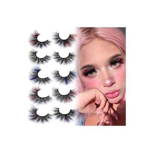 Colored Lashes Mink Fluffy Volume False Eyelashes 20MM Curly Long Dramatic Lashes with Color Full 5D Wispy Fake Eyelashes Pack 5 Pairs Pink Blue lashes by Mavphnee