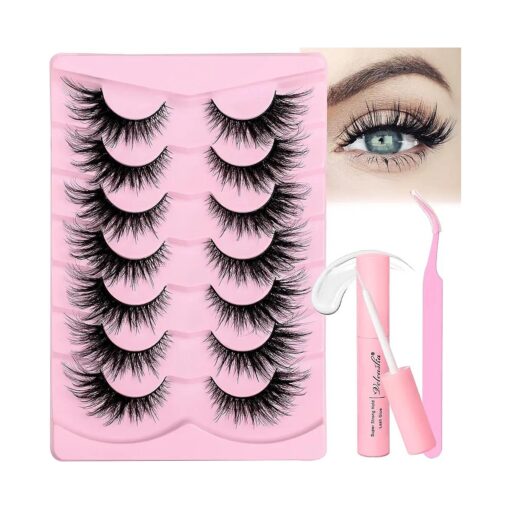 Veleasha Lashes Kit with Glue & Tweezer Cat Eye Lashes that Look Like Extensions Fluffy Faux Mink Lashes Wispy Fox Eye Lashes Natural Look 7 Pairs Fake Eyelashes Pack ( Cat Eye )