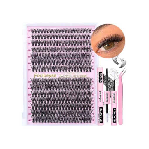 Focipeysa Eyelash Extension Kit D Curl Lash Clusters 280pcs DIY Lash Extension Kit 40D Individual Lashes with Lash Bond and Remover Lash Applicator DIY Lashes Kit for Individual Eyelashes Beginners