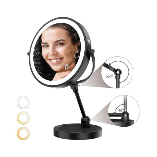 Large Lighted Makeup Mirror,1X/10X Double Sided 3 Color Dimmable Magnifying Mirror with Light, Height Adjustable 8" Rechargeable Foldable Mirrors 360degSwivel Touch Screen Tabletop Standing Mirror