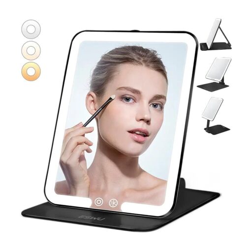 Travel Makeup Mirror with Light, Portable Folding Make Up Tabletop Mirror with 58 LEDs 3 Colors Light Modes Rechargable Compact Vanity Mirror with Adjustable Stand ( Black )