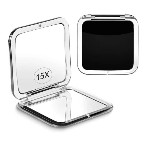 Compact 15X Magnifying Makeup Mirror for Travel, Small Pocket Mirror-Handheld, Foldable & Portable 2-Sided with 15X Magnifying and 1X Mirror for Purses - Square 3.3 x 3.3 inch ( Black )