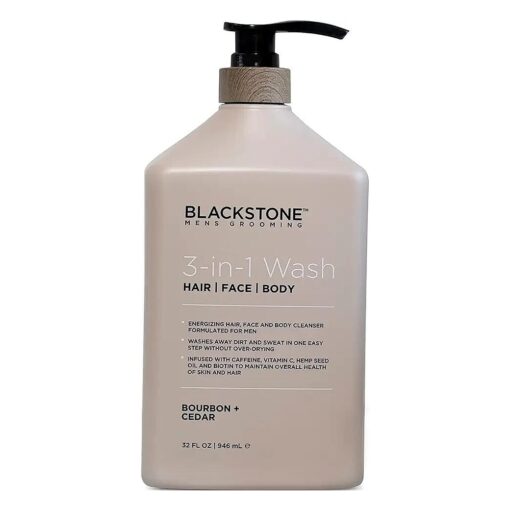 Blackstone 3-in-1 Wash for Men | Cleanses & Conditions Hair, Body, & Face | For All Skin & Hair Types | With Caffeine, Vitamin C, Hemp Seed Oil & Biotin - Bourbon & Cedar, 32 fl oz