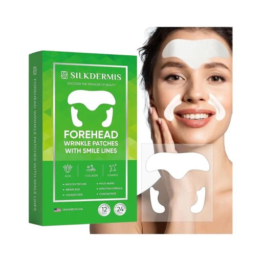 Forehead Wrinkle Patches 12Pcs with Smile Line Patches 24Pcs with Aloe, Collagen, Vitamin E, Forehead Wrinkles Treatment and Smile Lines Treatment