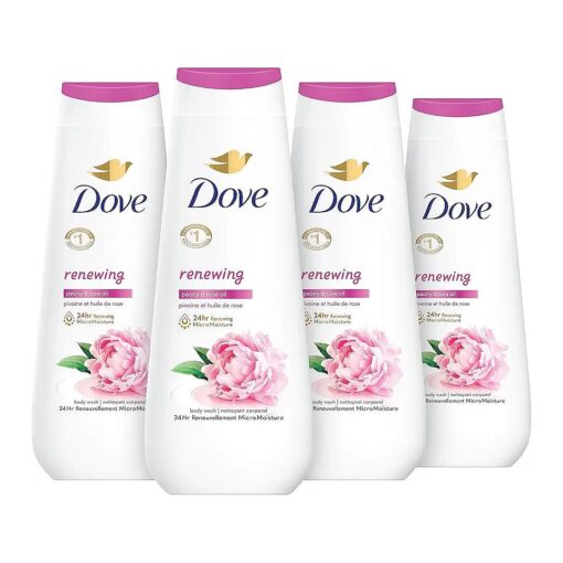 Dove Body Wash Renewing Peony and Rose Oil 4 Count for Renewed, Healthy-Looking Skin Gentle Skin Cleanser with 24hr Renewing MicroMoisture 20 oz