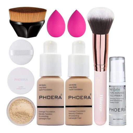 PHOERA Foundation, Full Coverage Foundation, PHOERA Primer, PHOERA Powder, PHOERA Makeup Set, Kabuki Makeup Brushes Foundation Brush Powder Brush,2 Pcs Makeup Sponge ( 102 Nude + 104 Buff Beige )