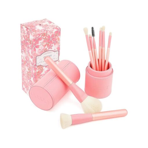 Makeup Brushes Set Docolor Pink Makeup Brushes Professional Foundation Powder Blending Eyeshadow Concealer Angled Eyebrow Spoolie Brush Travel Make Up Brushes Set with Case ( 8pcs, Vegan, Wooden )