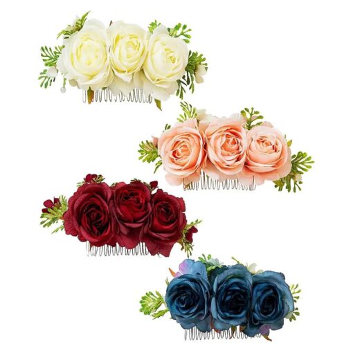 Cinaci 4 Pack Metal Hair Side Combs Slides with Artificial Rose Flower Floral Wedding Bridal Clips Headpieces Hairpins Barrettes Bun Chignon Hair Accessories for Women Flower Girls Brides Bridesmaids