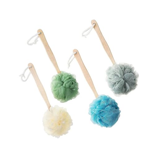 4 Pack Large Bath Puff Loofah Sponge With Long Handle Shower Loofah, Bath Body Back Brush, Spa Brush for Women and Men ( 4 Color )