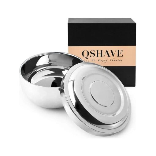 QSHAVE Stainless Steel Shaving Bowl with Lid 4 Inch Diameter Large Deep Size Chrome Plated Shinning Finish