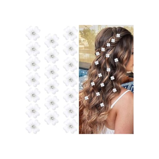 Wecoe 20 Pcs Small White Flower Hair Clips Girls Tiny Mini Clips for Hair Cute Decorative Hair Clips Four Petals Bling Hair Clips Kids Baby Toddler Girls Wedding Hair Accessories for Women Girls Gift