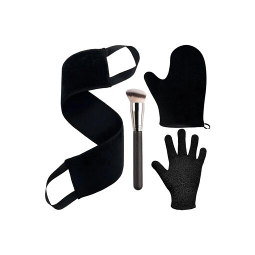 Self Tanning Mitt Applicator Kit, Includes Velvety Self Tanner Mitt, Back Tanning Applicator, Exfoliating Glove, Angled Self Tanner Brush for Sunless Tan Lotion Mousse Gel ( Black, 4 Pack )