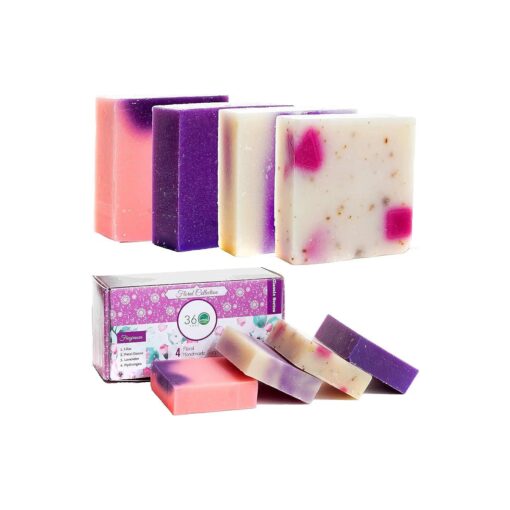 Floral 4 large Soap bar - Flower scents Lavender, Lilac, Hydrangea - Anniversary Wedding Gift Set - Handmade Natural Organic with Essential Oil, Pink, 5 Ounce ( Pack of 4 )