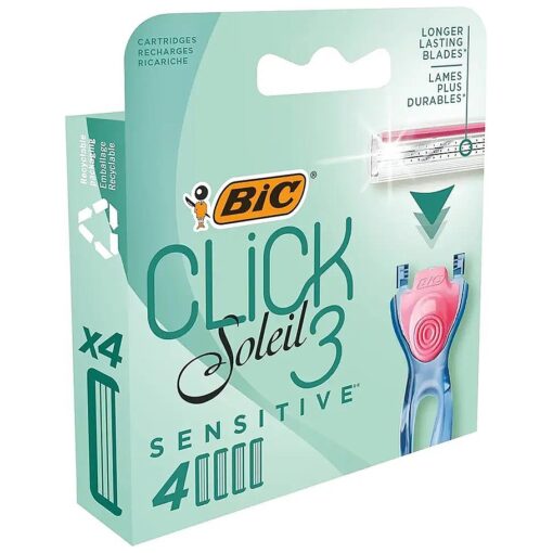 BIC Click 3 Soleil Sensitive Women 's Razor Refills, 3 Moveable Blades and Lubricating Strip - Box of 4 Cartridges