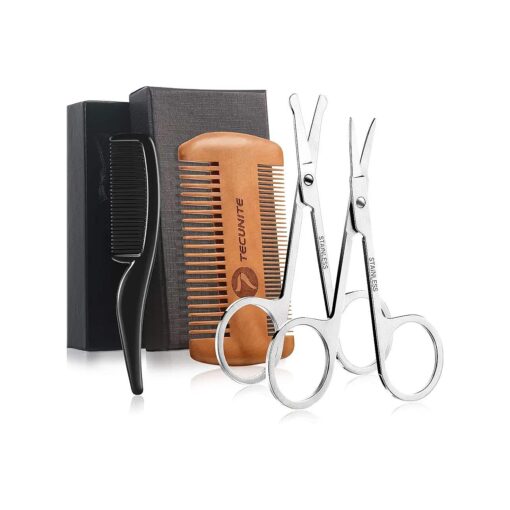 TecUnite 4 Pieces Beard Trimming Scissors Set, Grooming Scissors for Men and Mustache Beard Comb Beard Grooming Trim Scissor Kit with Storage Bag ( Style 2 )