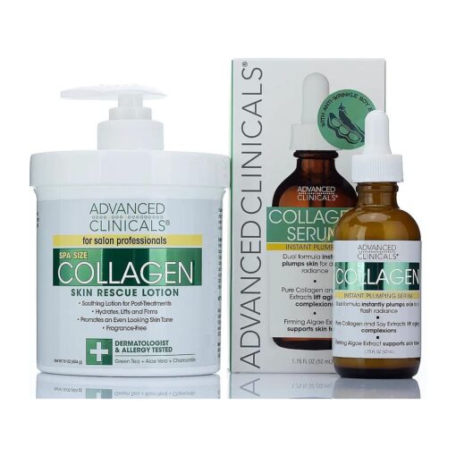 Advanced Clinicals Collagen Cream + Collagen Serum 2PC Set Bundle | Face Serum & Body Cream Moisturizer Lotion Plumping Skin Care Set & Kits For Wrinkles, Uneven Skin Tone, & Dry Skin, Fragrance Free