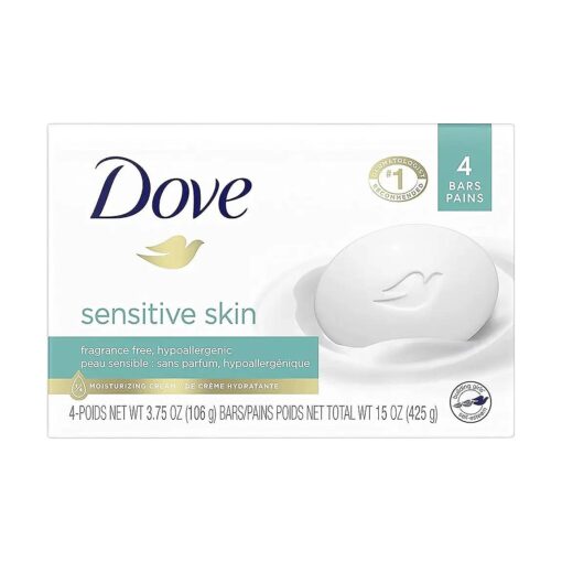 ( PACK OF 4 BARS ) Dove Unscented Beauty Soap Bar : SENSITIVE SKIN, Hypo-Allergenic & Fragrance Free, 25 % MOISTURIZING LOTION & CREAM ! Great for Hands, Face & Body ! ( 4 Bars, 3.5oz Each Bar )