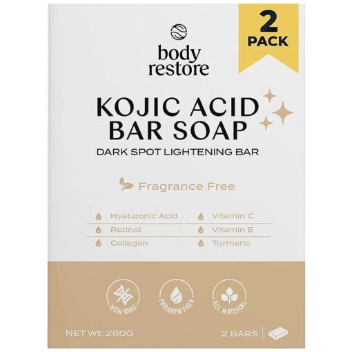 Body Restore Kojic Acid Soap, Fathers Day Dad Gifts, ( Fragrance Free 2 Pack ), with Vitamin C, E, Shea Butter, Collagen, Hyaluronic Acid, Turmeric, Retinol For Dark Spots, Paraben Free