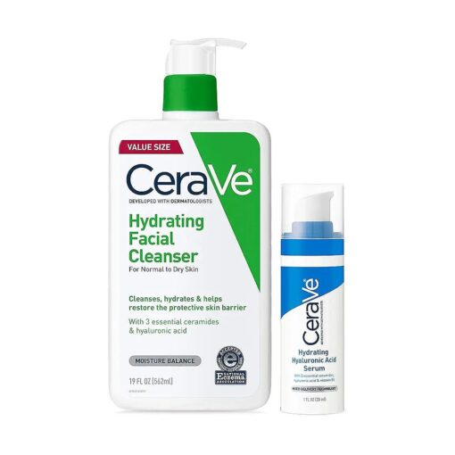 CeraVe Hydrating Face Wash and Hyaluronic Acid Serum with Vitamin B5 Set | 19oz Face Wash + 1oz Serum | Hydrating for Dry Skin | Fragrance Free