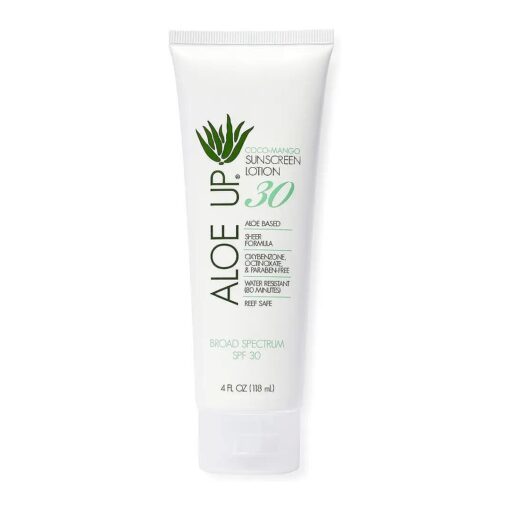 Aloe Up White Collection Sunscreen Lotion SPF 30 - Broad Spectrum UVA/UVB Sunscreen Protector for Face and Body - With Aloe Vera Gel - Alcohol-Free - Reef Friendly - Coco-Mango Fragrance - 4 Oz