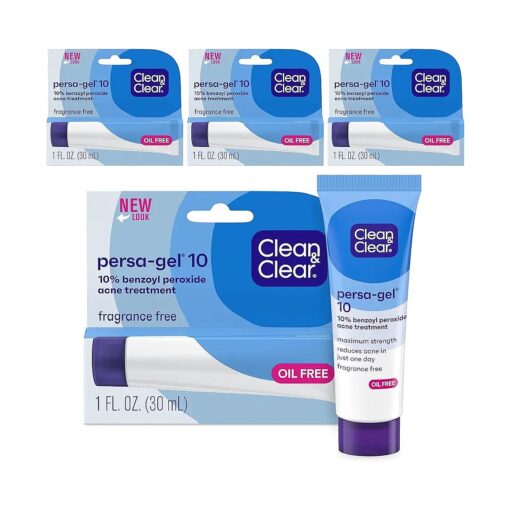 Clean & Clear Persa-Gel 10 Oil-Free Acne Spot Treatment with Maximum Strength 10 % Benzoyl Peroxide, Topical Pimple Cream & Acne Gel Medication for Face Acne, Fragrance-Free, 4 x 1 fl, oz