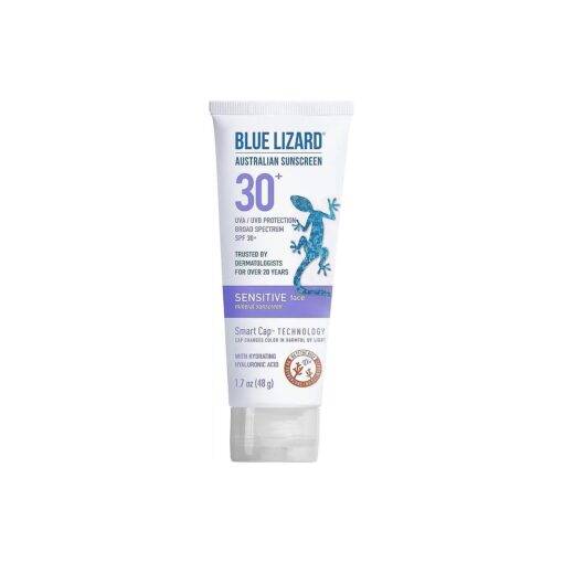 Blue Lizard SENSITIVE FACE Mineral Sunscreen with Zinc Oxide and Hydrating Hyaluronic Acid, SPF 30+, Water Resistant, UVA/UVB Protection with Smart Cap Technology - Fragrance Free, 1.7 oz .