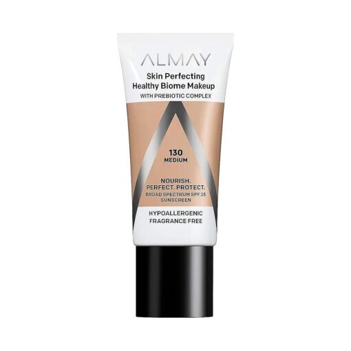 Almay Skin Perfecting Healthy Biome Foundation Makeup with Prebiotic Complex SPF 25, Hypoallergenic, -Fragrance Free, 130 Medium, 1 fl, oz .