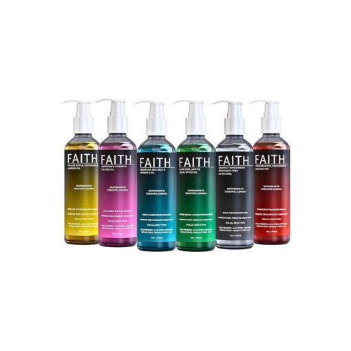 Faith Co USDA Organic Liquid Soap 6 Variety Pack For Bath Body & Hands- ( Au Natural, Tea Tree & Cherry, Patchouli & Almond, Sea Kelp, Pomegranate & Shea, Eucalyptus & Mint ) 8 oz Each 1 CT