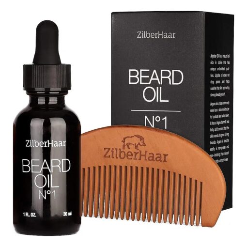 ZilberHaar Beard Oil No, 1 - Pure, Organic Moroccan Argan and Jojoba Oil for Natural Beard Growth and Hydration - 1 oz - Free Beard Comb Gift