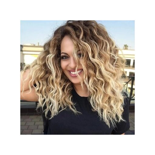 Fencca Ombre Blonde Curly Wigs for Women Medium Length Synthetic Wig Afro Wave Curly Free Part Fluffy Wig 18 inch Curly Wavy Hair Replacement Wig