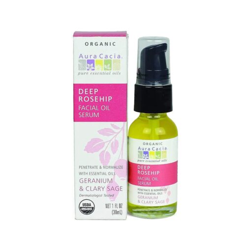 Aura Cacia Organic Deep Rosehip Facial Serum, 1-Ounce, Soothing, Moisture-Preserving Oil, Pure, Free From Synthetic Additives