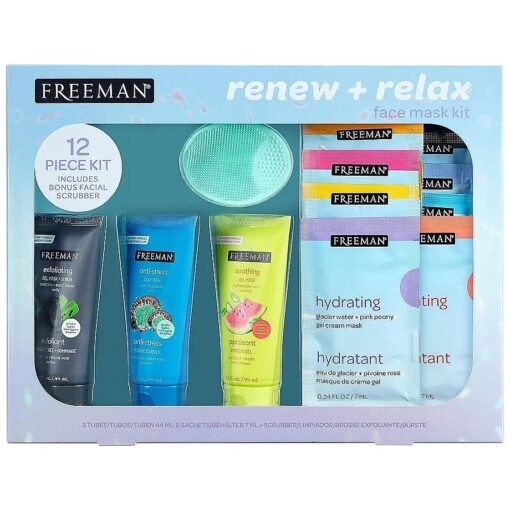 Freeman Limited Edition Renew & Relax Mask Kit, Face Masks To Soothe, Rejuvenate, and Deep Cleanse Pores, Facial Mask Variety, Silicone Mask Applicator, Cruelty Free Skincare, 12 Piece Gift Set